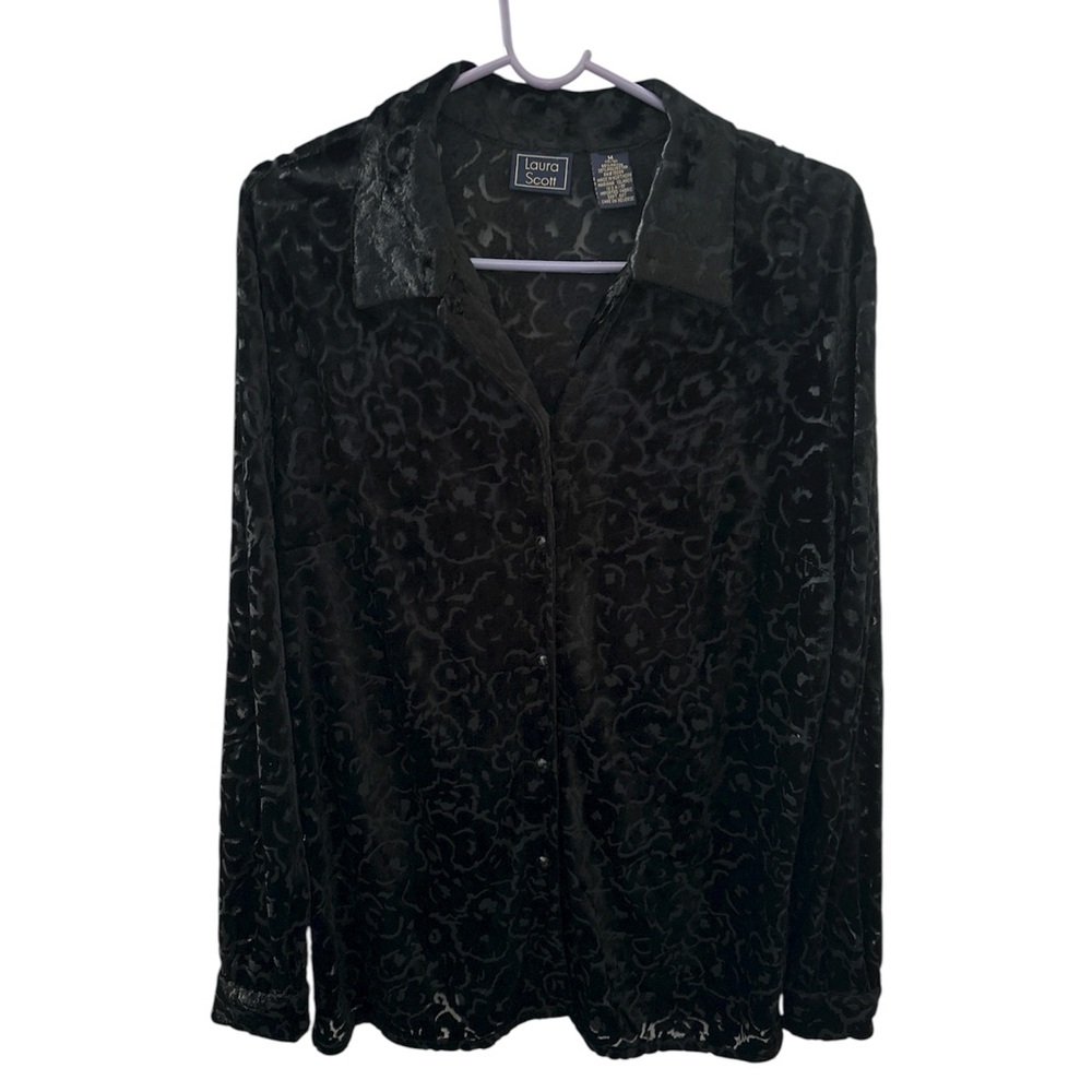 Vintage 90’s Laura Scott Black Semi-Sheer Velvet Burnout Floral Embossed Size M